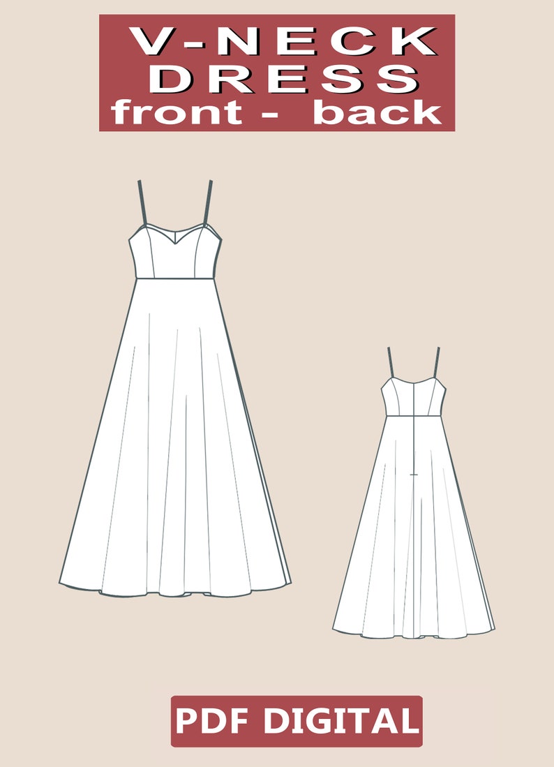 May include: A line drawing of a V-neck dress with thin straps. The dress is shown from the front and back. The text "V-NECK DRESS front - back" is at the top of the image. The text "PDF DIGITAL" is at the bottom of the image.