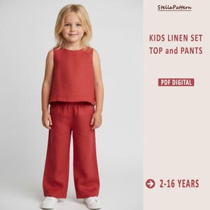 Könnte beinhalten: Ein Kind in einem roten Leinen-Set, bestehend aus einem Top und einer Hose mit weitem Bein. Der Text "KIDS LINEN SET TOP and PANTS" und "PDF DIGITAL" sind sichtbar. Die Altersspanne wird mit 2-16 Jahren angegeben.