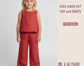 Kids Linen Top and Pants Pattern, Elastic Waistband Pants Pattern, Kids Pattern, Baby Sewing Pattern, Beginner Pattern, 2-16 Years