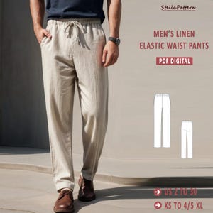 Heren linnen elastische taille broek naaipatroon, herenbroekpatroon, heren zomerbroek, broek broek PDF naaien, herenmaat: 35 tot 68