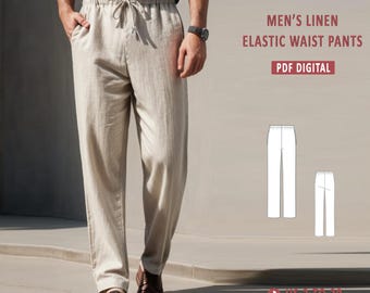 Men&#39;s Linen Elastic Waist Pants Sewing Pattern, Men&#39;s Pants Pattern, Men&#39;s Summer Pants, Pants Trousers PDF Sewing, Men Size: 35 to 68