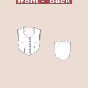 May include: A digital sewing pattern for a sleeveless top with a button-up front. The pattern includes both front and back views. The text "front - back" and "PDF DIGITAL" is included in the image.