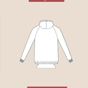 May include: A white hoodie sewing pattern with a high neck and long sleeves. The pattern is labeled "back pattern" and "PDF DIGITAL".
