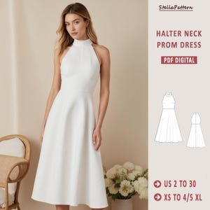 Puede incluir: Un vestido de fiesta blanco con cuello halter. El vestido tiene un cuello alto y una falda acampanada. La imagen también incluye un diagrama de patrón y el texto "HALTER NECK PROM DRESS PDF DIGITAL". Tallas disponibles: US 2 a 30 y XS a 4/5 XL.