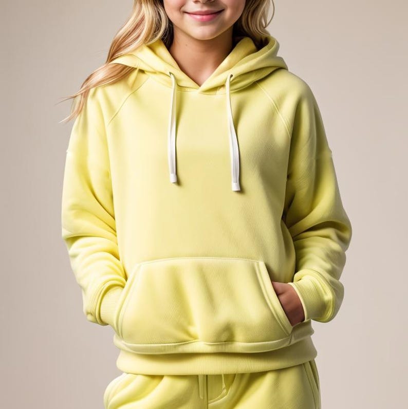 May include: A yellow hoodie with a white drawstring and a front pocket. The hoodie is made of a soft, comfortable fabric.