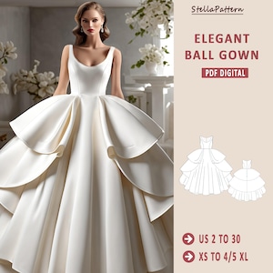 May include: A digital PDF pattern for sewing an elegant ball gown. The pattern includes instructions for sizes UK 2 to 30 and XS to 4/5 XL.