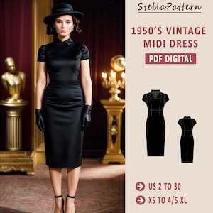 Puede incluir: Un patrón de costura para un vestido midi vintage de los años 1950 de color negro. El patrón incluye instrucciones para las tallas US 2 a 30 y XS a 4/5 XL. El patrón está disponible para descargar digitalmente en formato PDF.