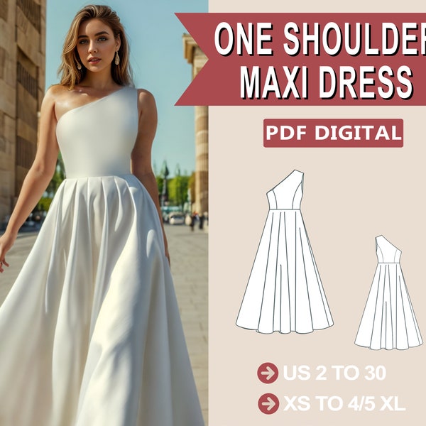 One shoulder maxi dress pattern|women dress pattern|Dress sewing pattern|13size PDF Slit Dress Pattern|evening dress, prom dress pattern pdf