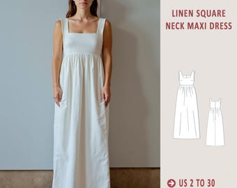 Square Neck Linen Maxi Dress Sewing Pattern, Boho Sundress (Sizes US 2-30 XS-4XL)