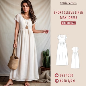 Short Sleeve Linen Maxi Dress, Linen Gathered Summer Dress Sewing Pattern, Empire Waist, Sundress Pattern, Milkmaid Dress, Circle Dress