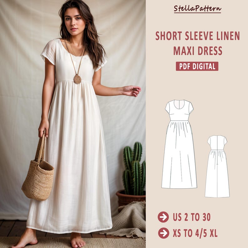 Puede incluir: Un patr&oacute;n de costura digital PDF para un vestido maxi de lino de manga corta. El patr&oacute;n incluye instrucciones para las tallas espa&ntilde;olas 34 a 52 y XS a 4/5 XL.