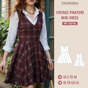 May include: A digital sewing pattern for a vintage pinafore mini dress. The pattern includes instructions for sizes US 2 to 30 and XS to 4/5 XL. The image shows a model wearing a red and white plaid dress.