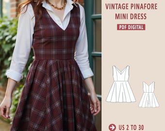 Vintage V-Neck Pinafore Dress Sewing Pattern (XS-4XL) (Digital Download)