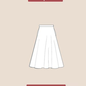 Puede incluir: Un patr&oacute;n de costura digital PDF para una falda. El patr&oacute;n es para la parte delantera de la falda y se muestra en un estilo de dibujo de l&iacute;nea. El texto "front pattern" y "PDF DIGITAL" tambi&eacute;n se incluye en la imagen.