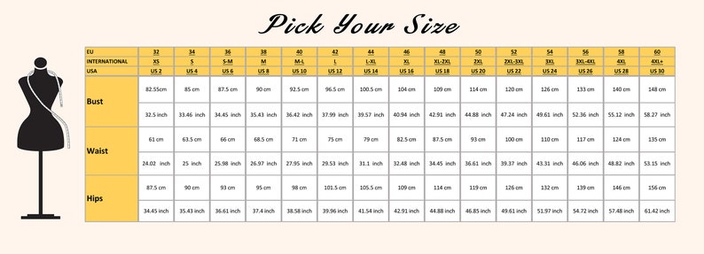 K&ouml;nnte beinhalten: Gr&ouml;&szlig;entabelle mit Ma&szlig;en in Zoll und Zentimetern f&uuml;r Brust, Taille und H&uuml;fte. Die Tabelle umfasst die Gr&ouml;&szlig;en von XS bis 6XL.