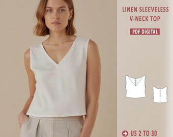 Linen V Neck Top Sewing Pattern: Easy Blouse, US 2-30 (PDF Pattern)