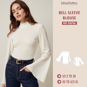 Peut inclure: Un chemisier blanc à col montant et manches bouffantes. Le chemisier est ajusté et légèrement court. L'image comprend également un dessin au trait du chemisier en deux vues différentes. Le texte "Bell Sleeve Blouse" et "PDF Digital" est inclus dans l'image.