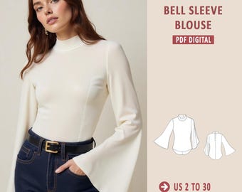 May include: A white blouse with a high neck and bell sleeves. The blouse is fitted and has a slightly cropped length. The image also includes a line drawing of the blouse in two different views. The text "Bell Sleeve Blouse" and "PDF Digital" is included in the image.