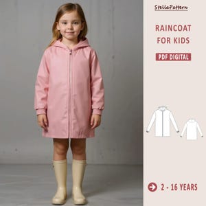 May include: A pale pink raincoat for children, featuring a hood and a full-length zip. The coat is worn with cream wellington boots. The image includes the text "RAINCOAT FOR KIDS" and "PDF DIGITAL". The age range is 2-16 years.