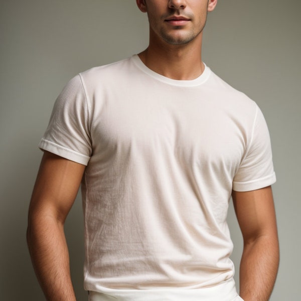 May include: A man wearing a white t-shirt and white pants. He is standing in front of a light gray background.