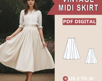 Vintage Midi Skirt, Cottagecore Vintage Midi Skirt Sewing Pattern, Full Circle Skirt, Midi Skirt Pattern, Circle Skirt, Elastic Waist Skirt