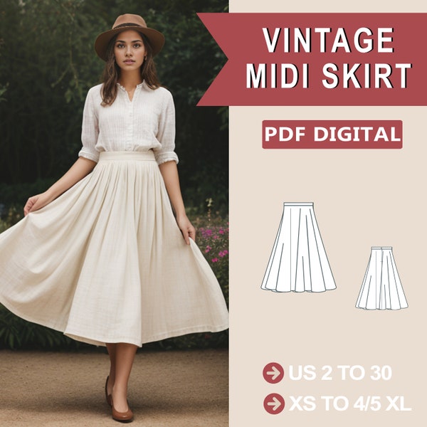 Vintage Midi Skirt, Cottagecore Vintage Midi Skirt Sewing Pattern, Full Circle Skirt, Midi Skirt Pattern, Circle Skirt, Elastic Waist Skirt