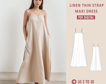Linen Maxi Dress Sewing Pattern, Thin Strap Tent Dress (PDF Pattern)