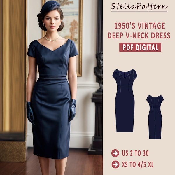 Patrón de costura para vestido vintage de los años 50 con escote en V profundo, patrón para vestido de fiesta, patrón de los años 50, vestido de fiesta McCalls, vestido con escote corazón XS-4/5XL