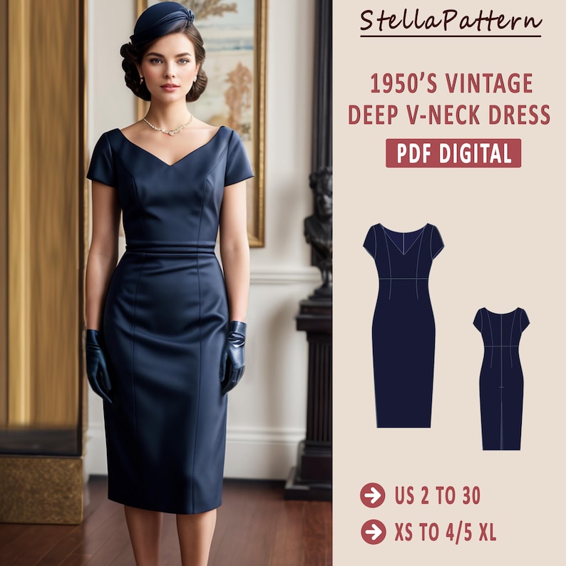 Peut inclure: Un patron de couture num&eacute;rique PDF pour une robe vintage &agrave; col en V profond des ann&eacute;es 1950. Le patron comprend des instructions pour les tailles US 2 &agrave; 30 et XS &agrave; 4/5 XL.