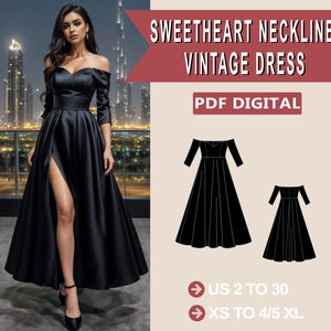 Vintage dress, Off Shoulder Sweetheart Neck Dress Sewing Pattern, Hallowen dress, Prom Dress PDF Sewing Pattern Instant Download, Bridesmaid