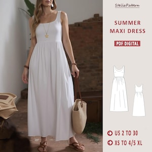 May include: A white summer maxi dress with a square neckline and a gathered waist. The image includes the text "SUMMER MAXI DRESS" and "PDF DIGITAL". The dress pattern is available in sizes US 2 to 30 and XS to 4/5 XL.