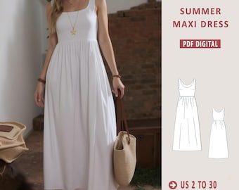 Linen Maxi Dress Sewing Pattern: Boho Sleeveless Sundress (Size XS-5XL) (PDF Pattern)