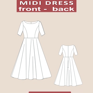 K&ouml;nnte beinhalten: Ein digitales Schnittmuster f&uuml;r ein Midi-Kleid mit Boot-Ausschnitt. Das Schnittmuster enth&auml;lt Anleitungen f&uuml;r Vorder- und R&uuml;ckseite des Kleides. PDF DIGITAL.