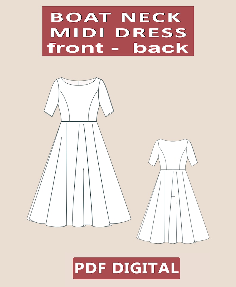 K&ouml;nnte beinhalten: Ein digitales Schnittmuster f&uuml;r ein Midi-Kleid mit Boot-Ausschnitt. Das Schnittmuster enth&auml;lt Anleitungen f&uuml;r Vorder- und R&uuml;ckseite des Kleides. PDF DIGITAL.