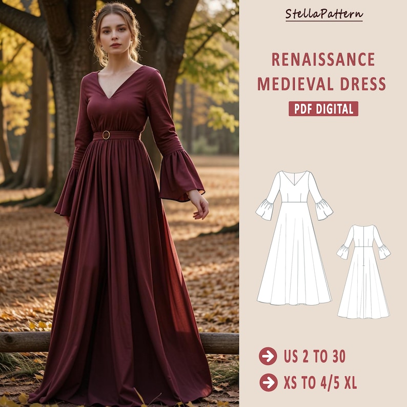 V-neck Maxi Medieval Dress Sewing Pattern, Renaissance Cosplay Pattern ...