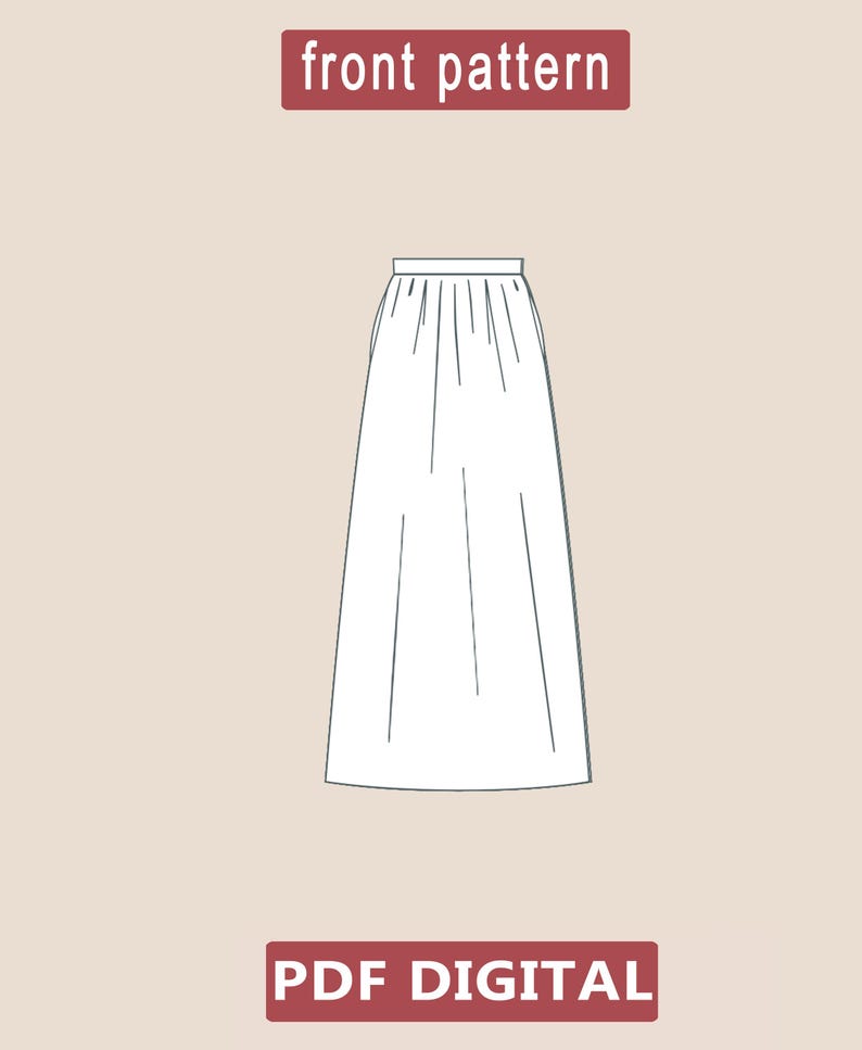 May include: A digital sewing pattern for a long skirt. The pattern is for the front of the skirt and is labeled "front pattern". The text "PDF DIGITAL" is at the bottom of the image.