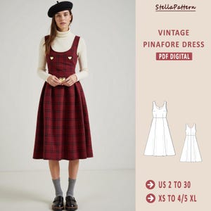 May include: A digital PDF pattern for a vintage pinafore dress with a plaid skirt. The pattern includes sizes US 2 to 30 and XS to 4/5 XL.  The pattern is shown on a model wearing a red and black plaid dress with a white turtleneck.