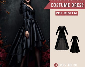 Hi-Low Gothic Costume Dress Pattern, Halloween dress, Cosplay dress, Vampire Dress, Elvis dress, Witch costume, Fantasy dress, US 2-30