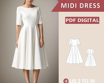 Patrón de costura para vestido midi de verano con escote barco, vestido de noche, vestido de cóctel, patrón de vestido fácil, patrón de vestido circular, vestido de graduación, tallas estadounidenses XS-4XL
