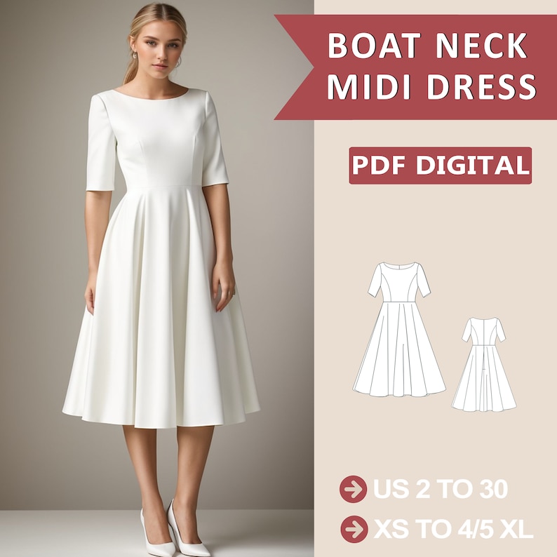 K&ouml;nnte beinhalten: Ein wei&szlig;es Schnittmuster f&uuml;r ein Midi-Kleid mit Boot-Ausschnitt. Das Schnittmuster ist in den Gr&ouml;&szlig;en 34 bis 52 und XS bis 4/5 XL erh&auml;ltlich. Das Schnittmuster ist ein digitaler PDF-Download. Das Bild zeigt eine Frau in einem wei&szlig;en Kleid und eine Strichzeichnung des Kleides.