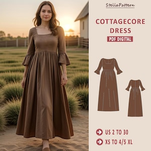 Könnte beinhalten: Ein digitales PDF-Schnittmuster für ein Cottagecore-Kleid. Das Schnittmuster enthält Anleitungen für die Größen US 2 bis 30 und XS bis 4/5 XL. Das Kleid ist in brauner Farbe dargestellt.