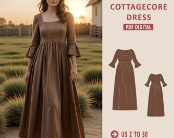 Cottagecore Dress Pattern, Puff Sleeve Linen Maxi Dress (PDF Pattern)