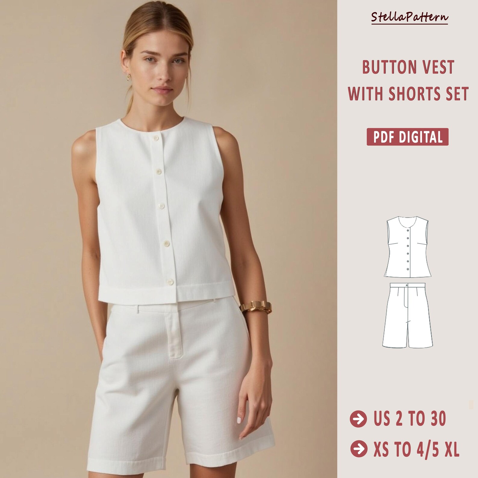 Vest and Bermuda Shorts Sewing Pattern: Women's Summer Outfit (PDF ...