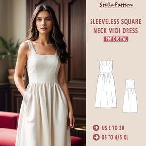 Patrón de costura para vestido midi de lino con escote cuadrado (descarga digital)
