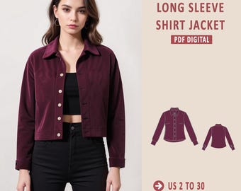 Patron de couture de veste courte à manches longues : veste à boutons faciles (XS-4XL) (téléchargement numérique)