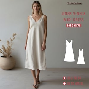 Puede incluir: Un patrón de costura digital para un vestido midi de lino con cuello en V. El patrón incluye las tallas españolas 34 a 52 y XS a 4/5 XL. El patrón está disponible para descargar en PDF. LINEN V-NECK MIDI DRESS PDF DIGITAL