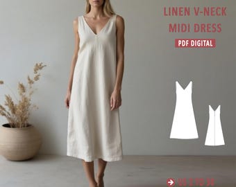 Linen V-Neck Midi Dress Sewing Pattern: Beginner Boho Sundress (XS-4XL) (Digital Download)