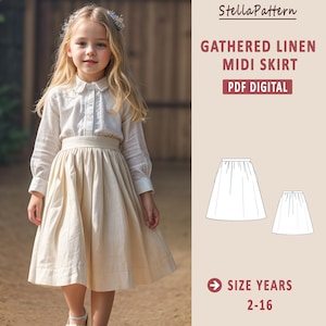 Patrón de falda midi de lino fruncido para niñas, patrón de costura de vestido para niñas, patrón de costura de vestido para niñas en PDF, tamaño A0 A4 Carta de EE. UU., talla para niñas de 2 a 16 años