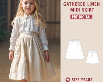 Kid&#39;s Gathered Linen Midi Skirt Pattern, Girls Dress Sewing Pattern, PDF Kids Dress Sewing Pattern, A0 A4 US Letter-Girl Size 2-16 Years Age