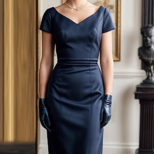 Peut inclure: Une femme portant une robe bleu marine &agrave; la silhouette ajust&eacute;e et aux manches courtes. Elle porte un petit chapeau bleu marine et des gants noirs. La robe a un d&eacute;collet&eacute; en V et un design simple.